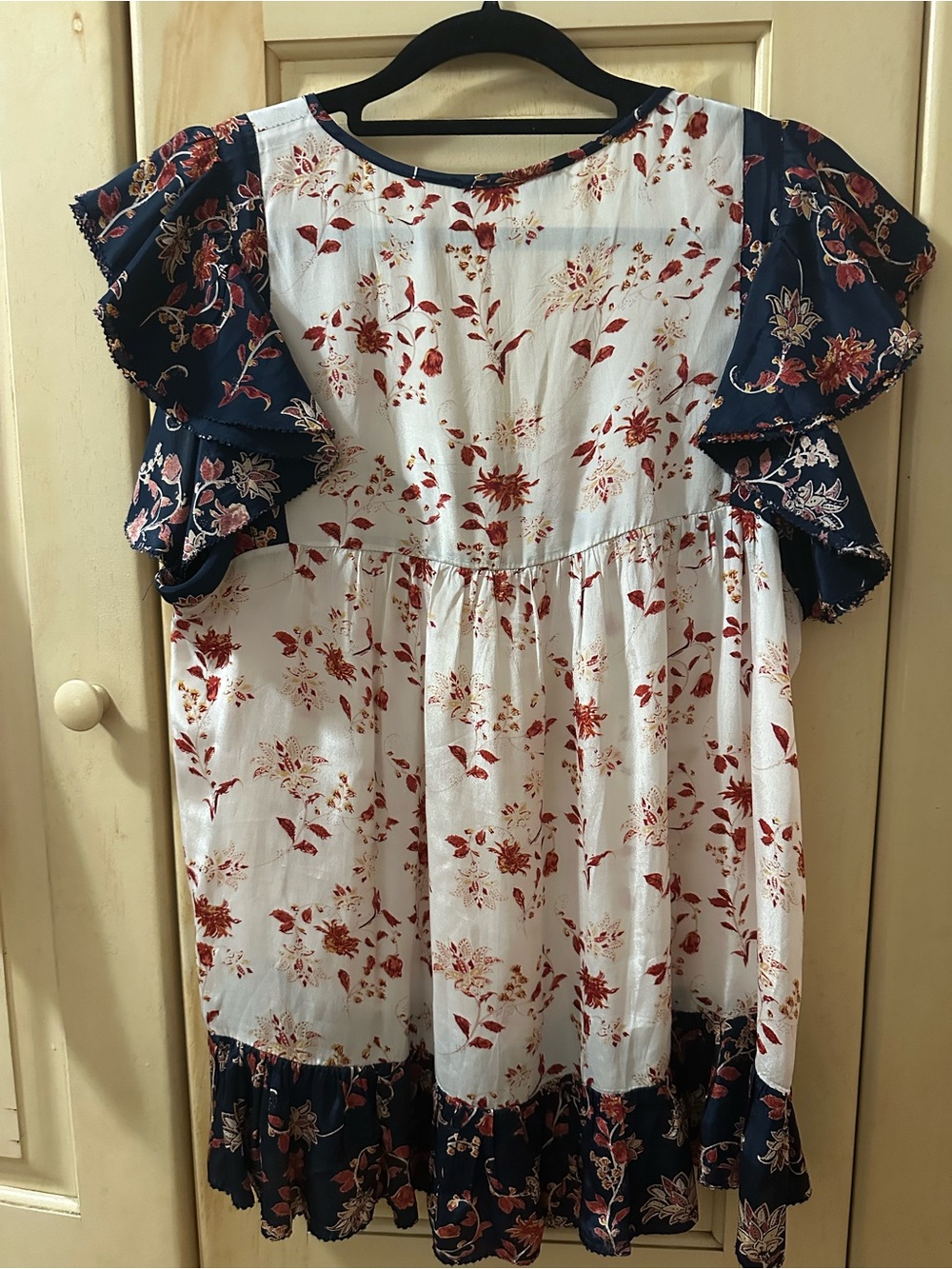 Boho Babydoll Top Womens M Contrast Floral Navy Ivory Ruffle Tie Front Viscose - Picture 3 of 9